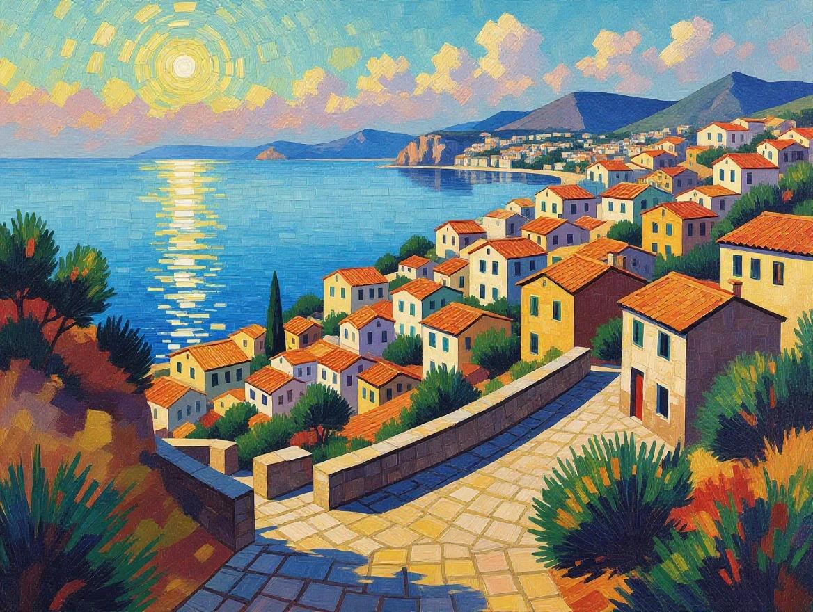 Neo-impressionism style painting featuring a landscape by the sea with large tiled details. Scene includes a sunlit ocean and quaint houses with red rooftops placed in a scenic coastal setting. Bold colors and textures depict intricate, interlocking details in a layered composition with dynamic brushwork and vibrant hues.