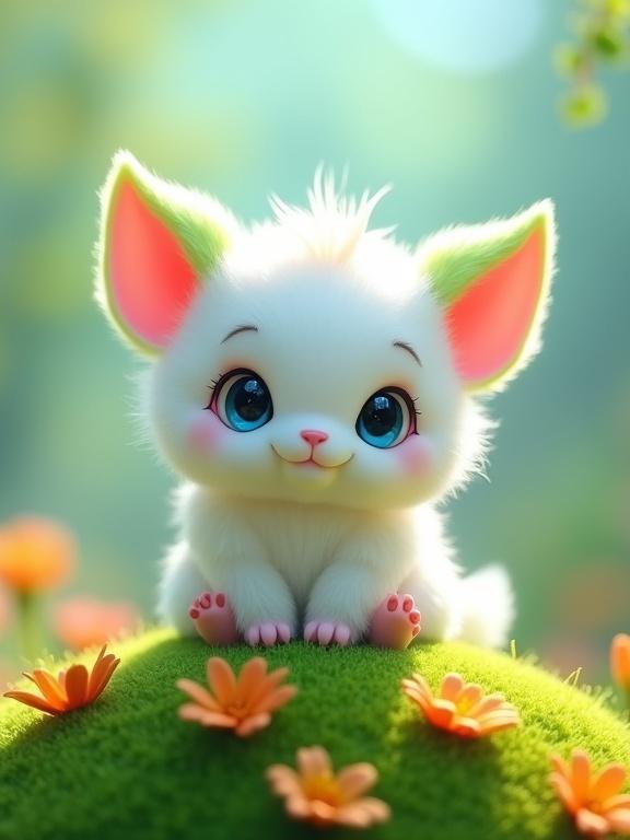 A charming, fluffy creature with large pink ears and bright blue eyes. It is sitting on a green hill surrounded by orange and yellow flowers. The background features a soft blend of greens and blues.