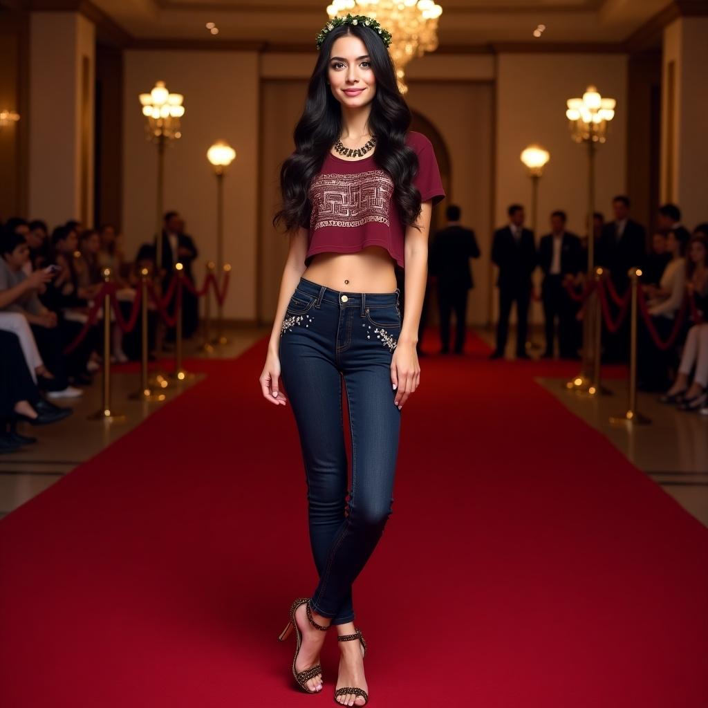 A stunning young Greek woman with long dark hair adorned with a laurel wreath stands confidently on a red carpet. She wears a maroon cropped T-shirt with shiny Greek-inspired designs. Her outfit is complemented by dark blue high-waisted skinny jeans, adorned with small diamond dots. Sleek strap high-heel sandals enhance her elegant look. A traditional Greek necklace adds to her style. The background features a luxurious red carpet setting, with soft lighting that highlights her elegance and stature.