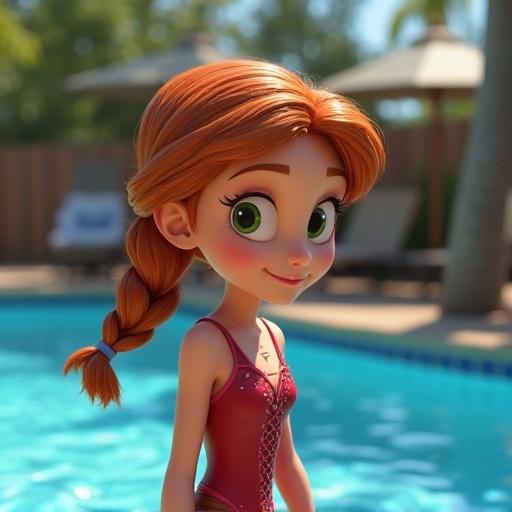 Animated character with red hair wearing a swimsuit at a pool. The character has bright eyes and a friendly expression. The setting is sunny and cheerful with poolside elements.