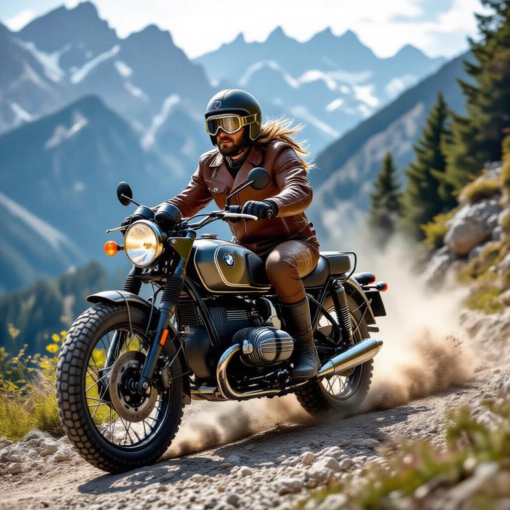 Biker rides on BMW R32 motorcycle along rocky mountain trail. Dust rises behind bike. Surroundings feature pine forests and misty valleys. Achieving extreme detail in imagery. Shot captures warm golden hour light. Equipment used includes Hasselblad H6D and Zeiss Otus lens.
