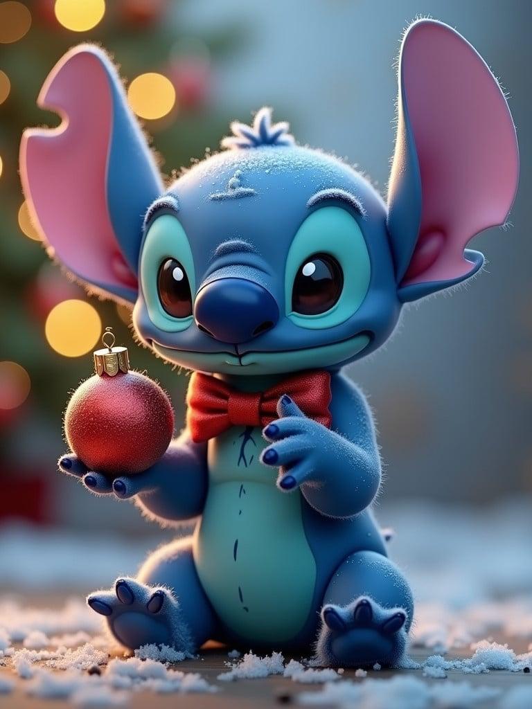 A blue character resembling Stitch holding a Christmas bauble. Character has large ears and a red bow tie. Name is Karma. Surrounded by a holiday theme and soft lighting.