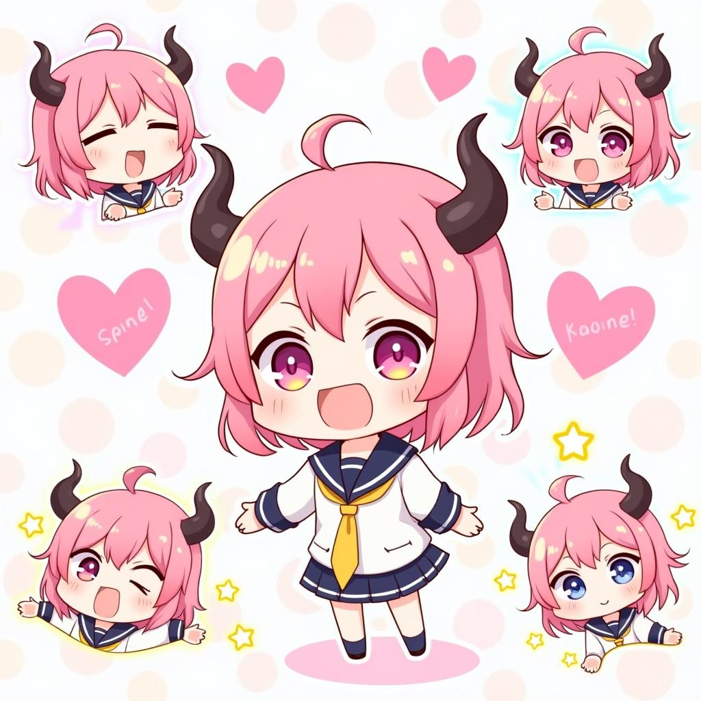 Anime-style character illustrated in a chibi design. Character shows various cute and playful expressions. Big sparkling eyes and vibrant pink hair. Features black horns and wears a sailor uniform with a yellow tie. Colorful background with hearts and stars. Charming character appeals to fans of anime and kawaii culture.