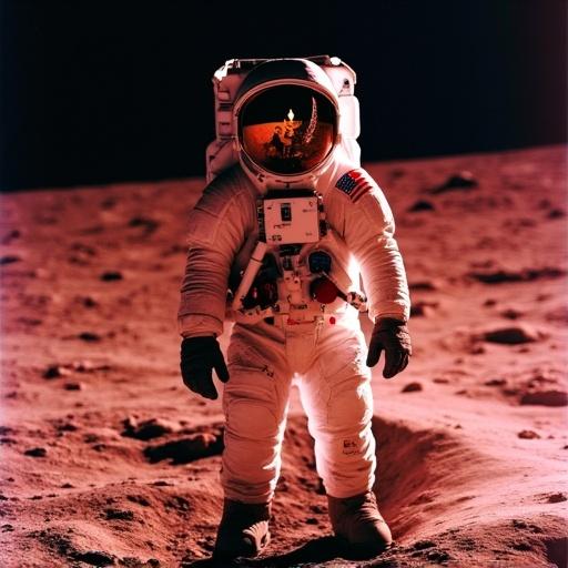 A photo taken by an astronaut with a portrait style using a Hasselblad camera. The image captures the astronaut on the surface of the moon surrounded by reddish tones.
