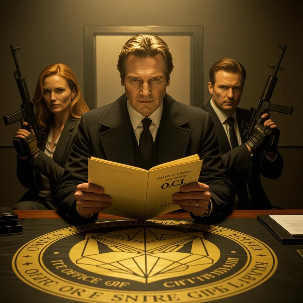 Intelligence officer reads confidential dossier under O.C.I. emblem. Two operatives stand behind holding weapons, looking cautious. Setting is shadowy and tense. Lighting is warm and creates a sense of secrecy.