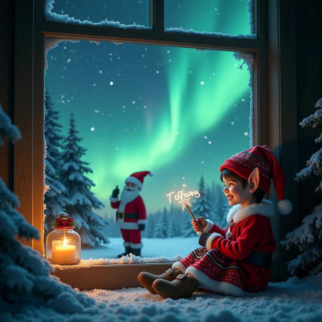 This enchanting image features a young elf character sitting by a cozy window during Christmas. The elf, dressed in a festive outfit, faces the breathtaking northern lights outside and is joyfully using a wand to write 'Tiffany' in the sky. In the background, Santa Claus can be seen, adding a magical element to the scene. The setting is a peaceful winter wonderland, with snow-covered trees and a glowing ambiance. This holiday-themed visual captures the spirit of childhood wonder and festive cheer.