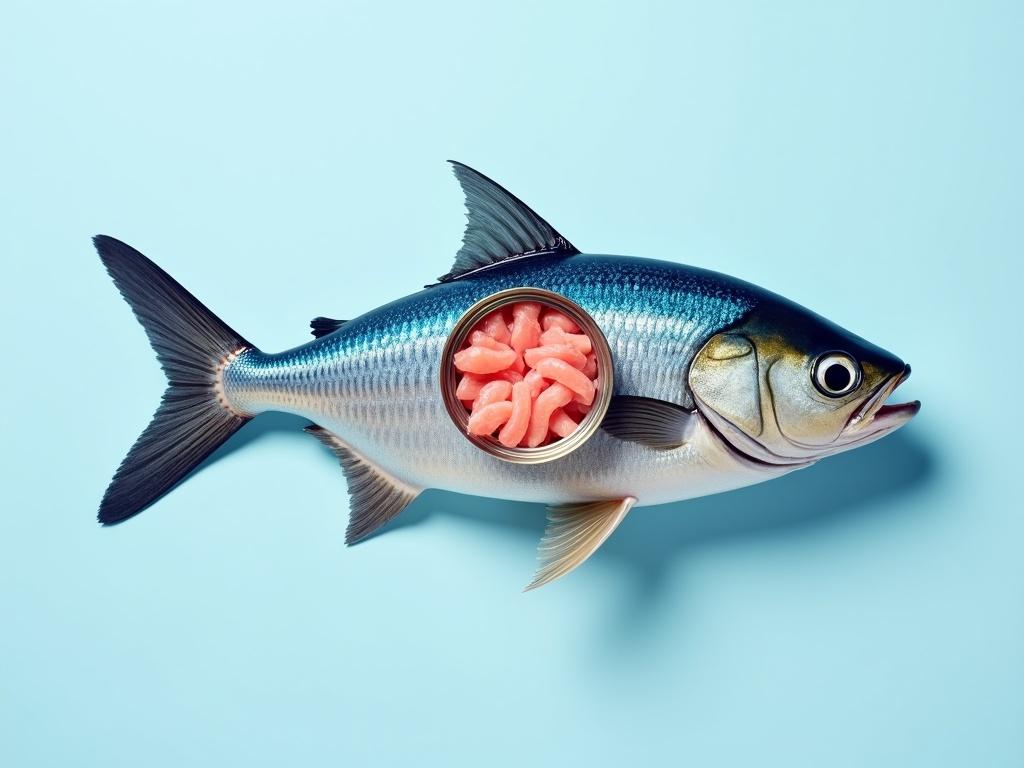 This image depicts a fish that has been cut open to reveal a can of tuna inside its body. The fish has a sleek, blue and silver exterior with detailed scales and features. The can is prominently displayed in the center, with pinkish tuna meat inside. The background is a soft blue, giving a clean and marine feel to the image. This artwork creatively combines the idea of fresh fish with its canned counterpart, highlighting the transformation from sea to table.