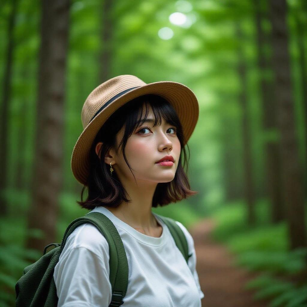Young Japanese woman focused on breathing in a lush forest. High-quality photo.