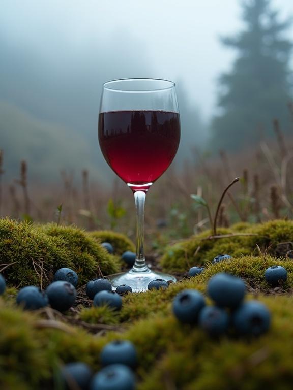 Photorealistic close-up of a glass of red wine on mossy ground in the Andean páramos. Surrounded by wild mortiño and blueberries. Soft natural lighting with fog in the background. High detail and realistic textures with shallow depth of field.