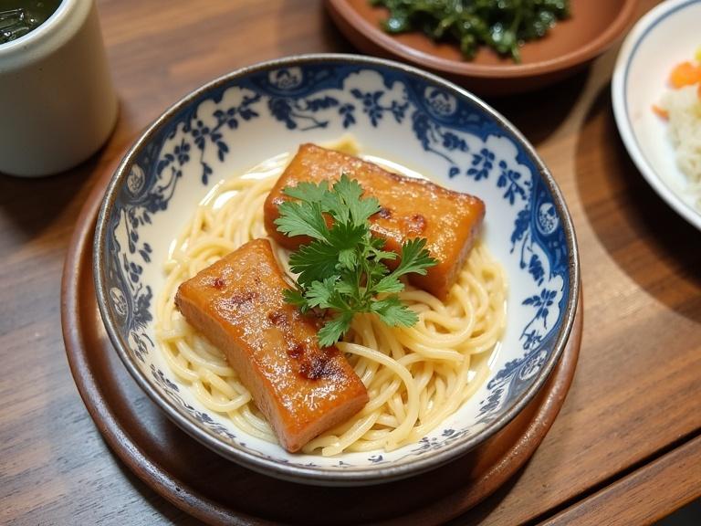 A close-up view of a plate with spaghetti topped with two pieces of tofu-like food. The dish is garnished with fresh cilantro leaves. The plate is decorated with blue patterns on the edges. Soft lighting enhances its appearance.