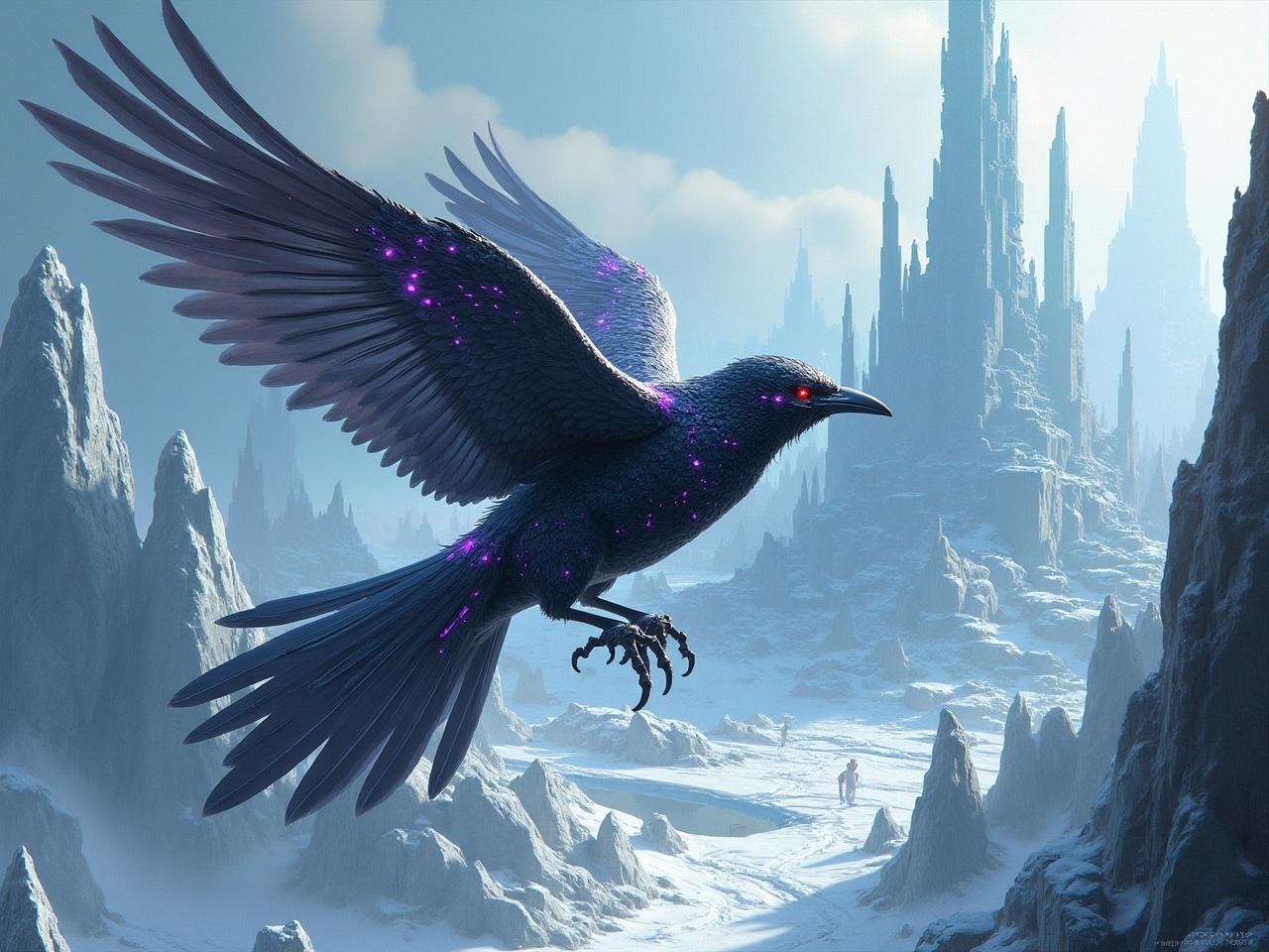 A majestic raven adorned with glowing purple speckles soars through a fantastical icy landscape. The raven's eyes glow red, adding an ethereal quality, as it glides over jagged, snow-covered peaks. In the distance, a solitary figure traverses the surreal terrain, enhancing the sense of scale and isolation.