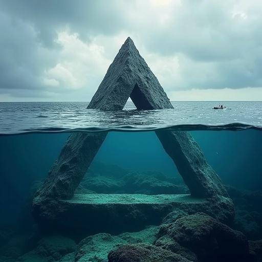 Penrose triangle depicted with ocean segments as bars. Cross-sectional view shows turbulent surface and underwater world with a whale and divers. A lighthouse stands on a rocky islet at one end. Overcast sky above.