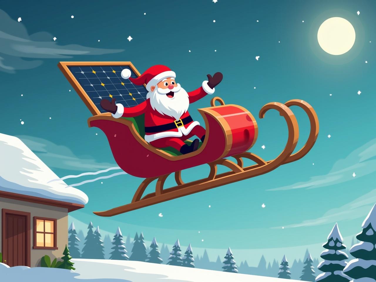 Santa Claus flying a futuristic sleigh which has a large solar panel. Flying over a house. Cartoon style.