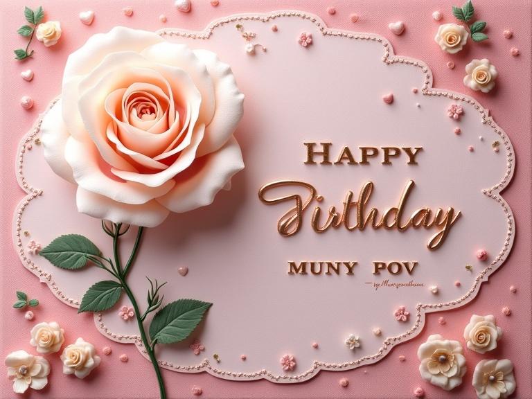 Delicate birthday card features a realistic embroidered fuchsia rose against blush pink wool felt. The rose is detailed in pink and cream wool, with scattered hearts and gold highlights. Text 'HAPPY BIRTHDAY MUNY POV' in vintage serif font below the rose. Interior has rose bud patterns and 'by Muny Vathana' in cursive. Evokes warmth and tenderness for heartfelt wishes.