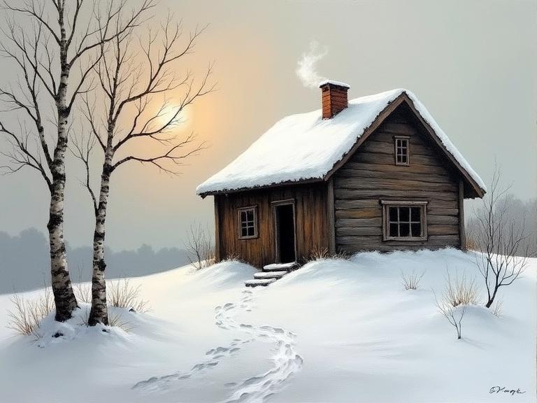 Expressionist painting of a solitary wooden house in a snow-covered landscape. House has weathered dark brown timber and a crooked chimney with smoke. Thick snow covers the ground and roof. Birchtree stands beside house under a pale grey sky. Soft diffused light from the fading sun.
