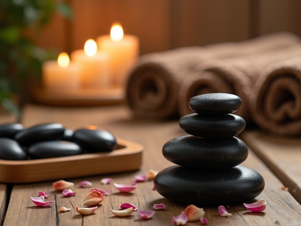 This image depicts a serene spa setting, designed for relaxation and tranquility. In the foreground, a carefully arranged stack of smooth black stones creates a focal point, symbolizing balance and peace. Beside the stones, there is a wooden tray holding additional stones, enhancing the natural theme of the setting. In the background, several candles flicker softly, casting warm light that adds to the calming atmosphere. Rolled brown towels are neatly arranged, inviting comfort and care. The wooden surface is scattered with petals or dried leaves, contributing to the organic feel of the spa. Overall, the scene emanates a sense of harmony and wellness.