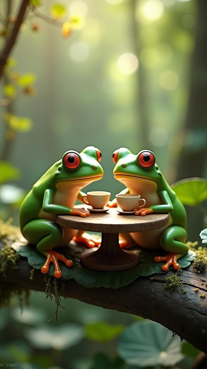 Two cartoonish frogs sitting at a small table having tea in a forest setting.