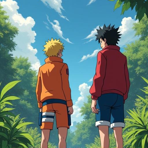 Naruto and Luffy are standing in a beautiful garden. The scene captures the essence of friendship and adventure. A light breeze flows through the trees. The sun shines brightly illuminating the lush greenery around them.