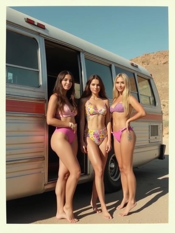 Photograph depicts three young women standing by a bus. Location resembles a desert with hills. The bus displays a metallic exterior with partial red logo. The woman to the left has dark brown hair. She wears a floral pink bikini. The middle woman has light brown hair. She wears a floral one-piece swimsuit featuring yellow and purple colors. The woman on the right has blonde hair. She wears a pink and purple bikini and poses with hand on hip. The bus door is open with women positioned nearby. Background shows a clear blue sky and dry hills. Text at the top mentions a past mistake. Image features white border and rounded corners. Compression artifacts visible.