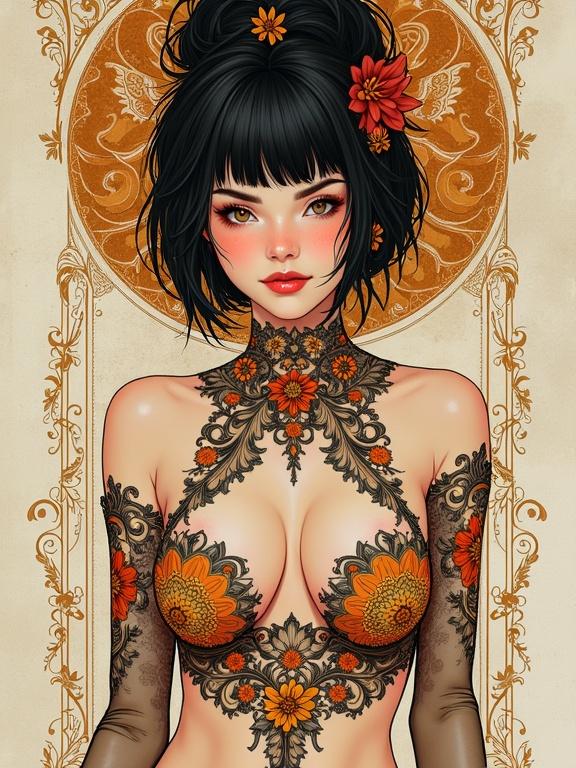 Digital artwork blending haberdasherypunk, lineartpunk, and Bollywoodpunk aesthetics. Features intricate linework, floral tattoos, and an ornate background.