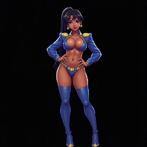 Pixel art character standing confidently. Character has dark skin and long black hair. Wears a blue and gold outfit. One hand on hip, other on thigh. Black background enhances focus on character. Character looks muscular and toned. Expression is confident and engaging.