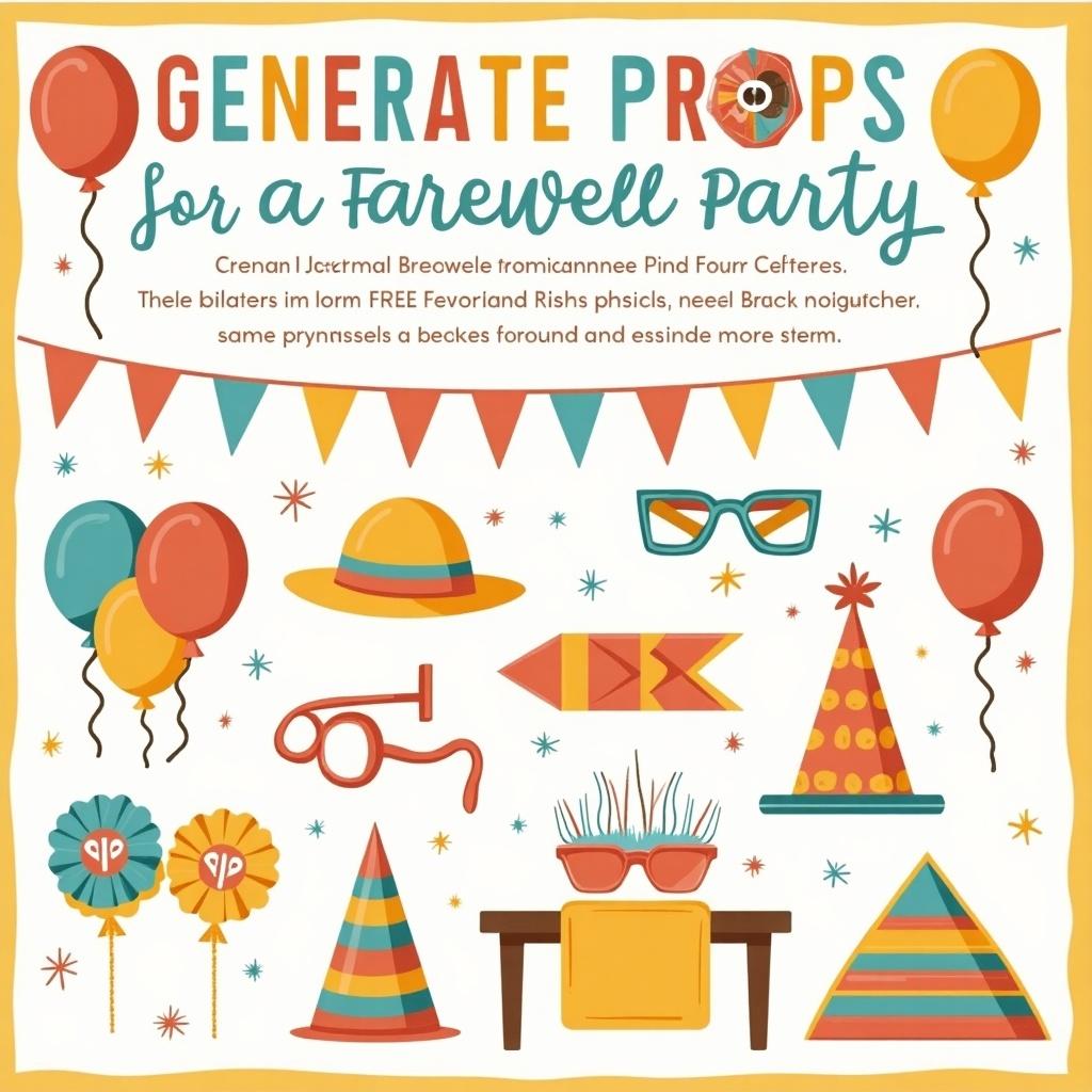 Generate props for farewell party. Include colorful decorations, balloons, hats, and glasses for a festive atmosphere. Design elements should be playful and engaging.