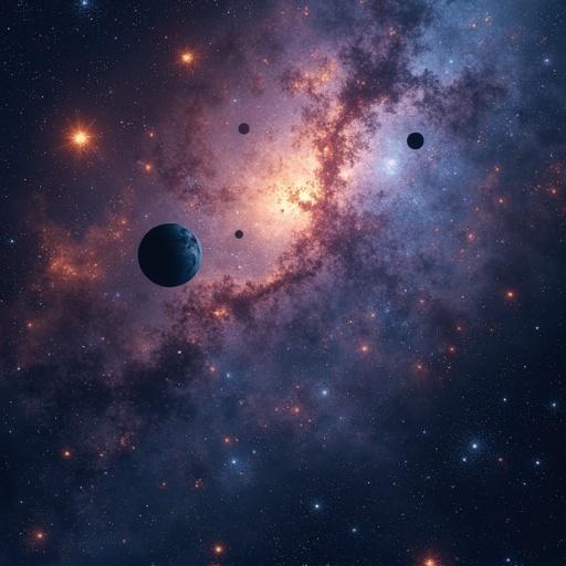 An artistic representation of the universe. A vibrant galaxy filled with stars and planets. Swirls of cosmic dust in shades of blue and purple surround celestial bodies. A central planet highlighted in the scene.