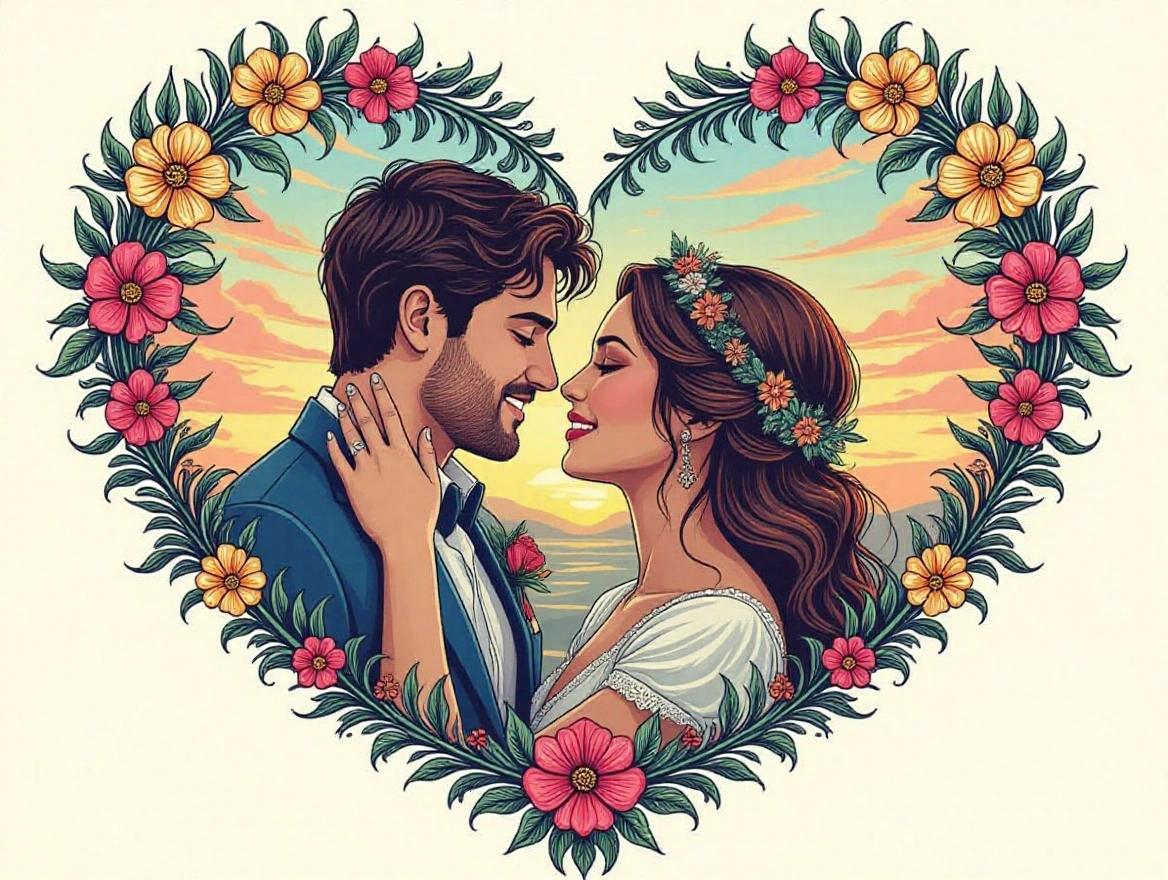 Illustration of a couple in love framed in a heart made of flowers. Man and woman smiling at each other against a sunset background.