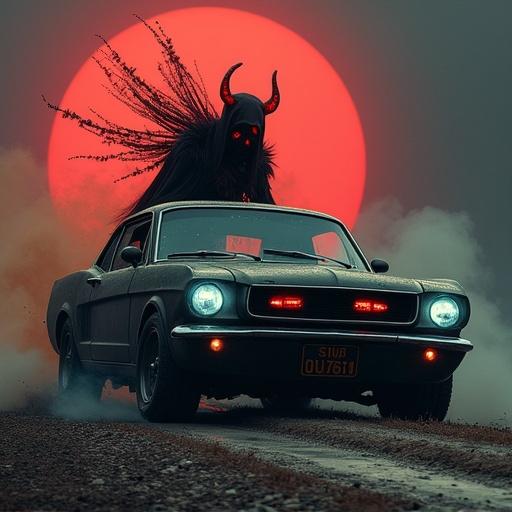 A car is on a dirt road under a large, ominous, red sun. A dark figure with horns and a cape stands beside the car, evoking a sense of danger and mystery.