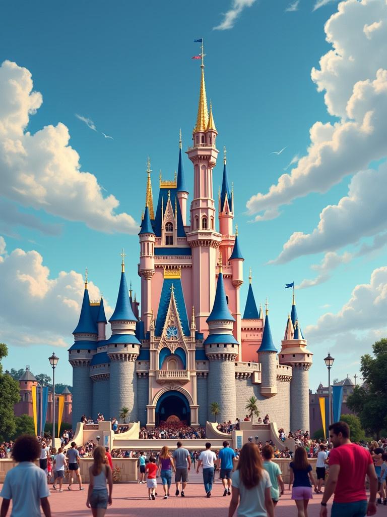 Cinderella Castle in a bright blue sky with fluffy clouds. Crowds of excited visitors in casual outfits walk toward the castle. The castle features golden spires, colorful turrets, and whimsical architecture. Ideal for travel and family-related content.