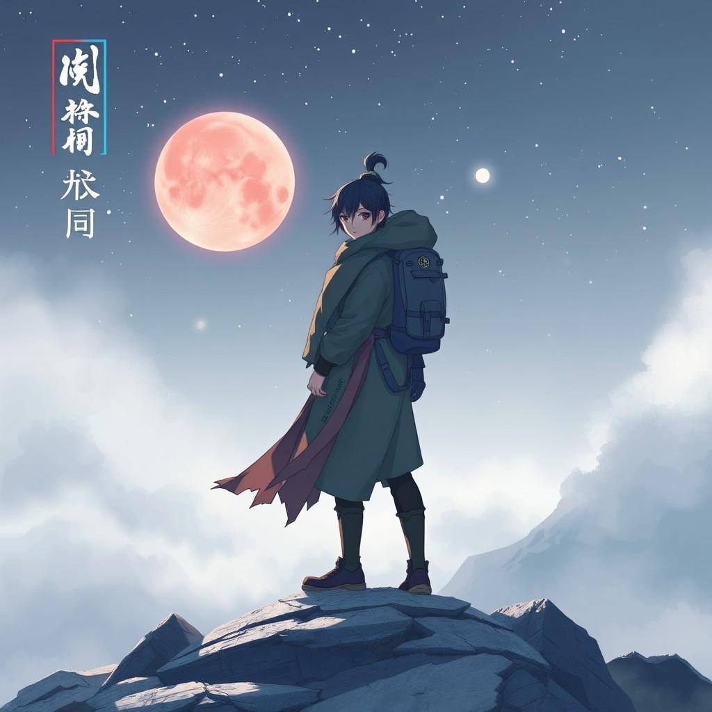 An anime-style character stands on a mountain under a large moon with a starry sky.