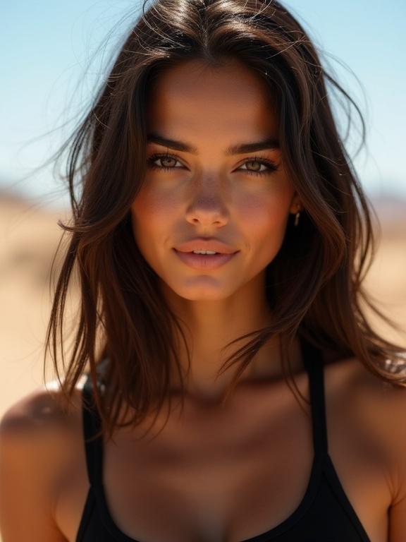 Close up portrait photograph of a young woman with straight shoulder length hair wearing a black tank top in a desert background under sunny conditions. The woman has beautiful eyes, tanned skin, and is wearing eyeliner.