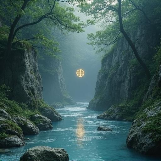 Surreal landscape featuring a flowing river transforming into an ancient stone wall. Glowing symbols are inscribed on both surfaces. Misty and ethereal environment with soft, otherworldly colors. High-detail concept art representing unity of opposites.