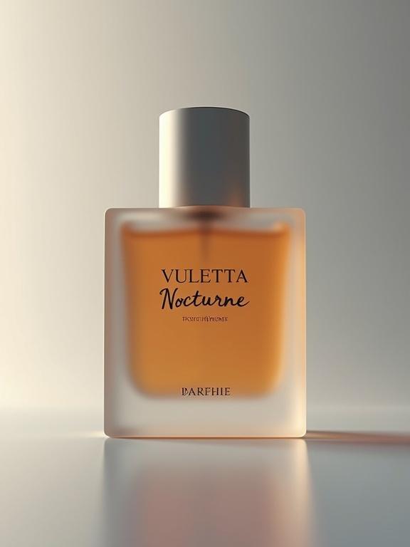 Create a minimalist mock-up of a frosted glass perfume bottle. The bottle has a square base and rounded top. It contains warm dark amber liquid. The liquid is partially visible behind the frosted surface. A reflective surface beneath the bottle adds elegance. The background is a soft gray for a minimalist aesthetic. Use cream for a label with 'VULETTA' in bold bespoke engraved-style font in metallic silver at the top. Below it, 'NOCTURNE' in flowing dark silver script. Near the bottom, add a faint metallic silver 'PARFEME'. An amber outline along the label's edge adds detail.