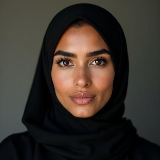 Portrait of a Scottish-Pakistani female teacher with dark brown eyes and black hair. Dark skin and thick eyebrows are prominent. Soft lighting enhances features. Frontal view emphasizes facial expression and cultural attire.