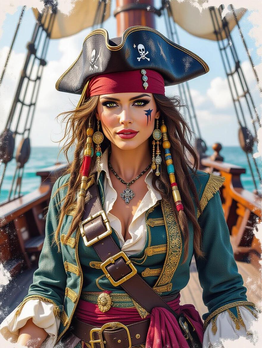 A pirate lady stands on a ship deck. She wears a pirate hat and a detailed green coat. Accessories include beads and jewelry. The background shows the sea and a ship. The image has vibrant colors and dramatic lighting.