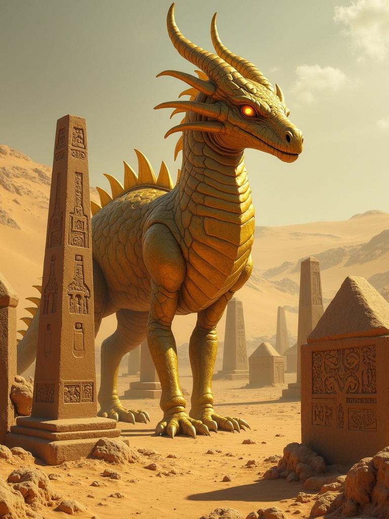 Massive dragon-like creature towers above ancient stone tombs. Golden scales shimmer in bright desert sun. Glowing orange eyes and ornate horns are prominent features. Weathered obelisks and graves are buried in sand. Background features expansive dunes and faded carvings. Scene evokes mystery and reverence.