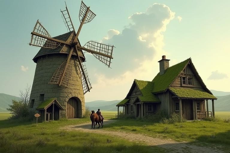 Medieval windmill and farm scene. A farmer is sitting on the ground next to a horse. In front of an old stone mill. Two wooden houses covered with moss behind the mill. Green field and evening sky in the background. Digital painting in fantasy art style.