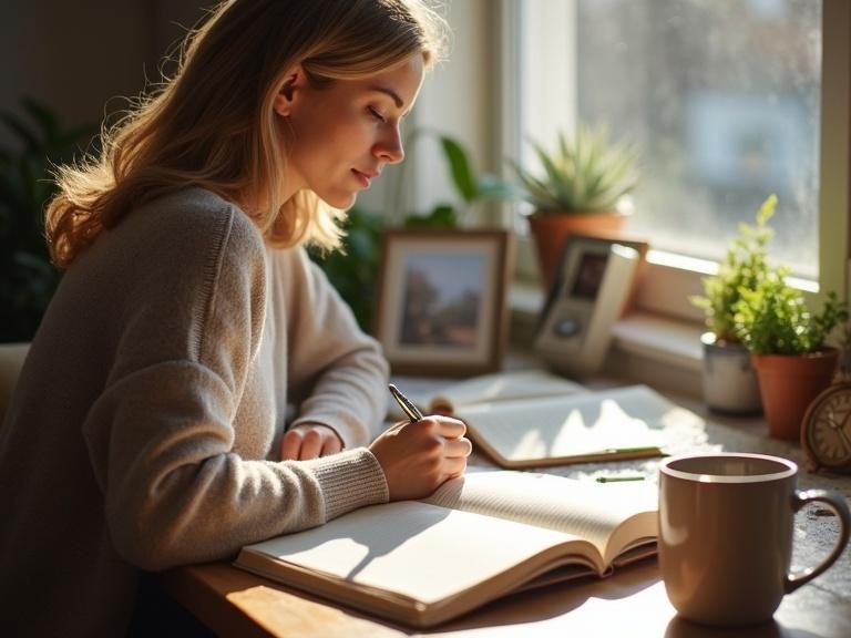 A woman sits at a desk by the window writing in her journal. Sunlight illuminates the pages. A mug sits beside her. Personal items are arranged on the desk.