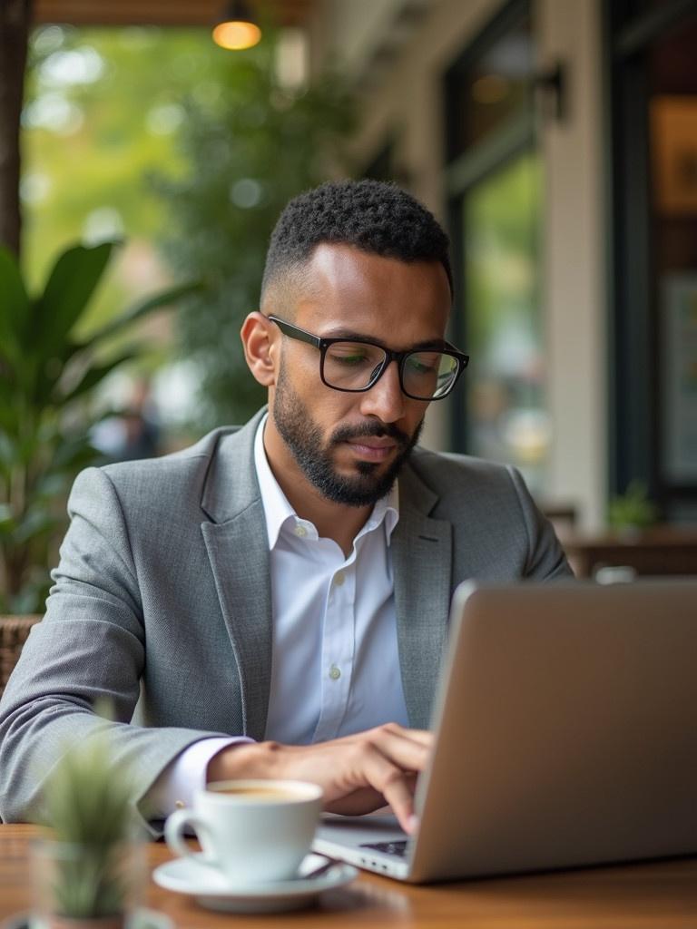 CEO working on a laptop in outdoor café. Casual business attire is worn. Coffee is on the table. Reviewing reports on the laptop. Greenery surrounds the setting. Warm sunlight is visible.