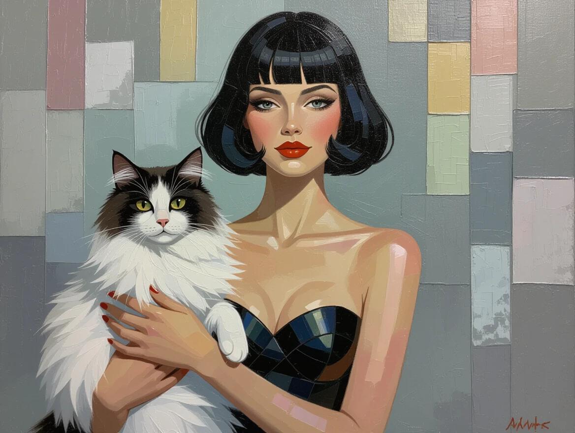 Art featuring a female figure with black bob hairstyle. Woman wears a strapless black dress. She holds a fluffy white cat with grey features. Background includes muted geometric patterns. Soft colors are used throughout the composition.