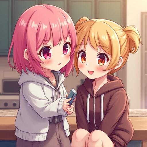 Anime style illustration featuring two cute girls. One has pink hair and is wearing a light-colored outfit. The other has blonde hair and is wearing a hoodie. They are close together while looking at a smartphone.