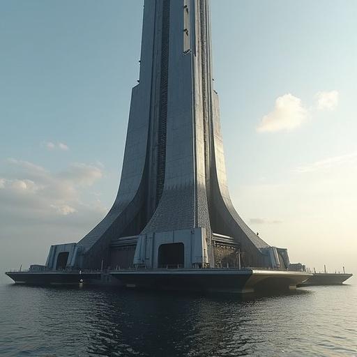Massive futuristic building called 'The Anvil' resembles a weapon. Tower made of reflective tungsten. Architectural brutalism with launch claws and black facade. Suspended auction chamber inside. Surrounded by electromagnetic moat.