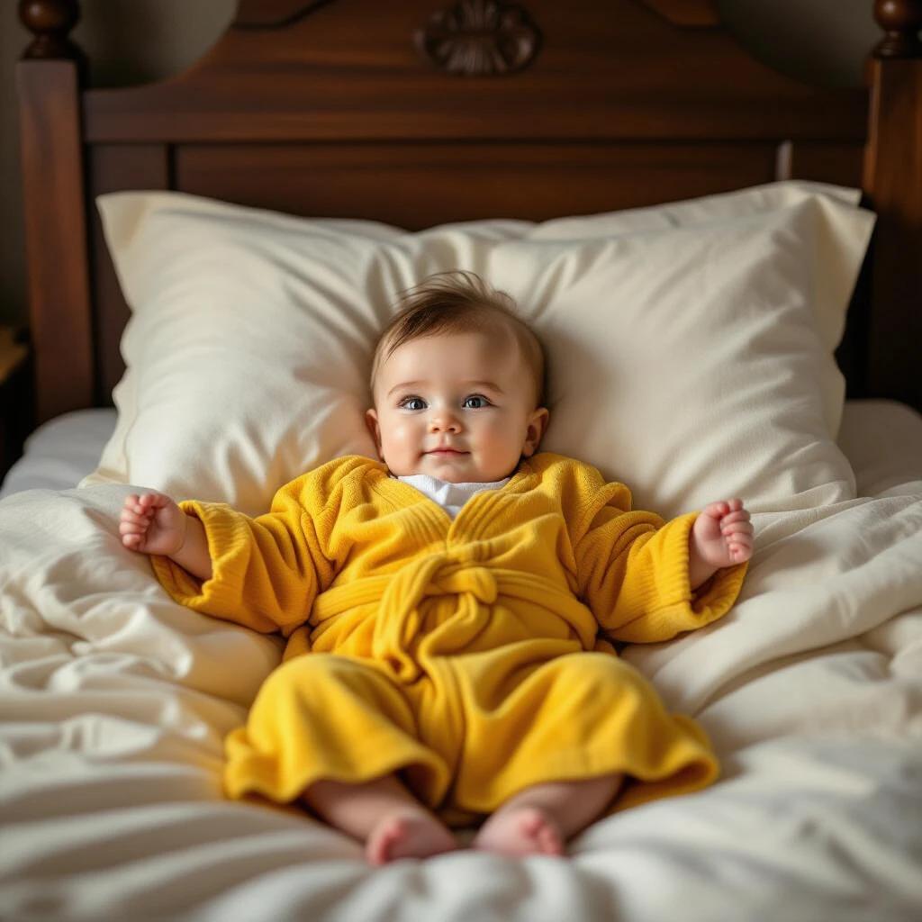 Infant resting on a bed wearing a bright yellow robe. Sheets are fluffy and white. Bed frame has a classic wooden style. 