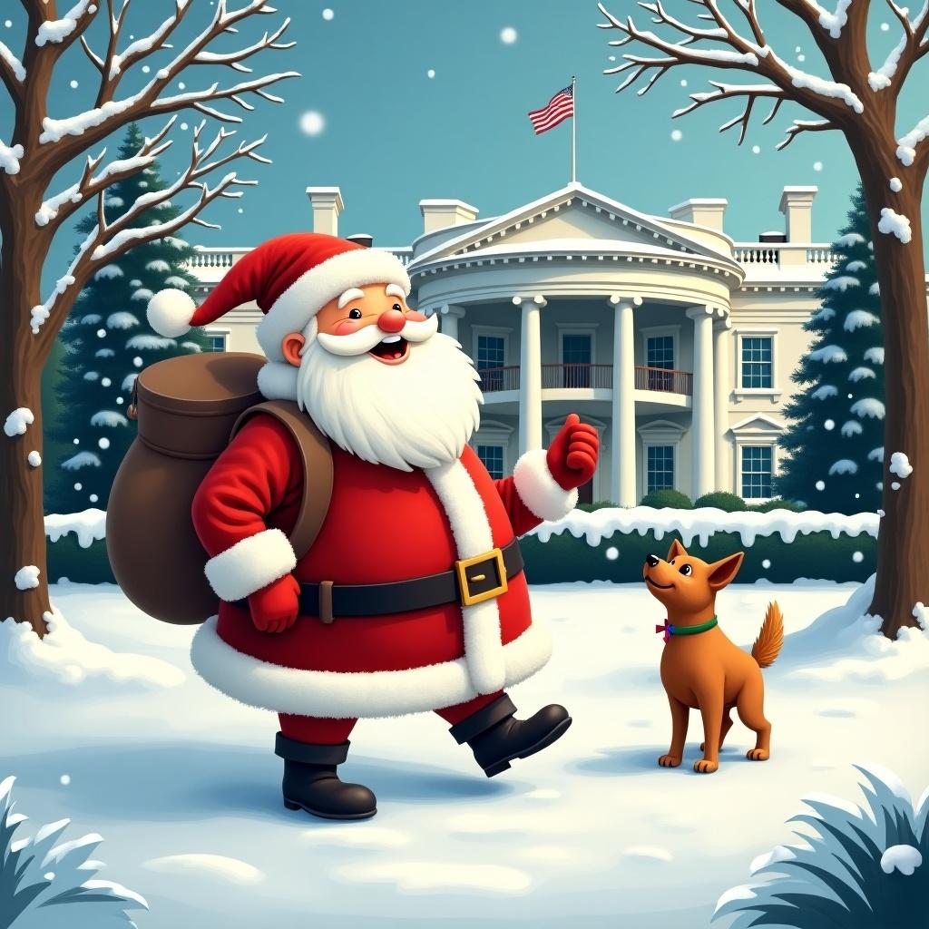 Charming snowy landscape features President Trump as Santa in front of the White House. A dog named Max is present.