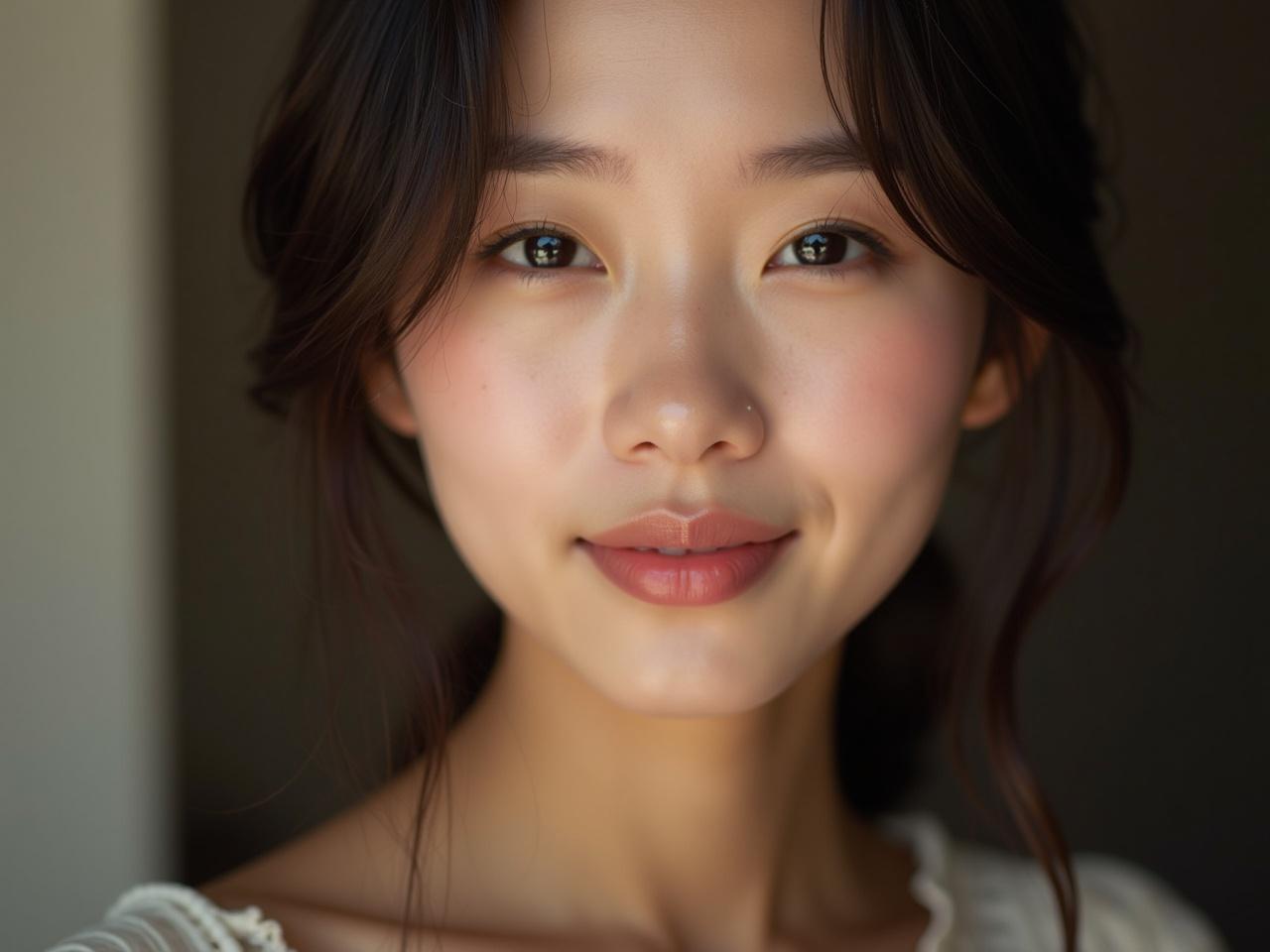 This is a high definition photo of a stunning Asian model captured in a close-up shot. She embodies Asian beauty standards, showcasing silky and flawless skin. The model has a slight smile that adds warmth to the image, contributing to its cinematic quality. The photo is executed with photorealism, highlighting realistic details that showcase her features beautifully. This image is produced with the highest quality, reminiscent of a shot taken on a Sony A7III, emphasizing the depth and clarity expected from such a high-caliber camera.