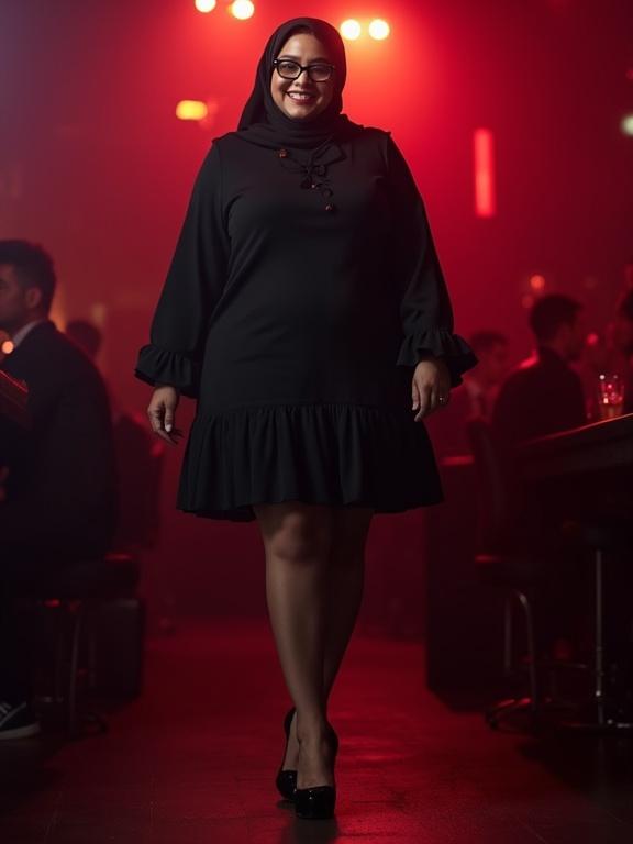Plump woman wearing a hijab and a black minidress walking confidently in a nightclub. She has a confident smile and is wearing high heels. The scene is vibrant and lively.
