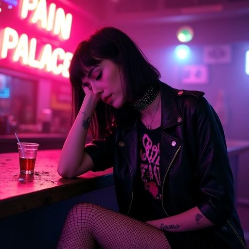 Goth woman leans against bar counter in a dimly lit dive bar. She has jet-black shag haircut with violet underlayer. Wearing a cropped 'Cradle of Filth' band tee and a scuffed leather jacket. Studded choker around her neck. Knees visible under pleated skirt. Fishnets snagged on safety pins. Spilled vodka shot on the bar with loose ibuprofen tablets. Neon 'PAIN PALACE' sign in background. Mood reflects feral collapse. Lighting includes harsh fluorescents and purple shadows.