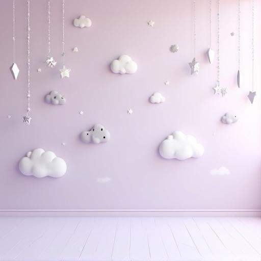 Smooth ceramic flooring in pale lilac. Pastel sky-themed wallpaper with floating clouds and tiny rounded ear silhouettes in soft grey. Subtle hanging garlands with stars and hearts. Childlike but elegant environment. 16:9 ratio.