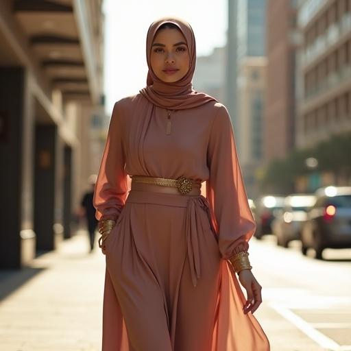 Stylish veiled woman walking in urban street. Full-body shot in sunlit setting. Modern architecture in background. Elegant flowing modest attire in sophisticated colors. Subtle artistic jewelry and contemporary hijab style. Represents fashion and lifestyle.
